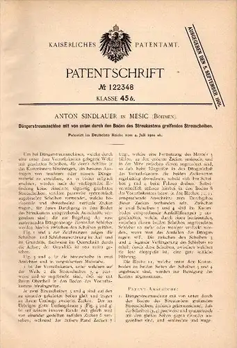 Original Patent - Anton Sindlauer in Mesic i. Böhmen , 1900 , Dünger - Streumaschine , Agrar , Landwirtschaft !!!