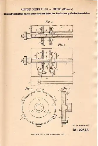 Original Patent - Anton Sindlauer in Mesic i. Böhmen , 1900 , Dünger - Streumaschine , Agrar , Landwirtschaft !!!