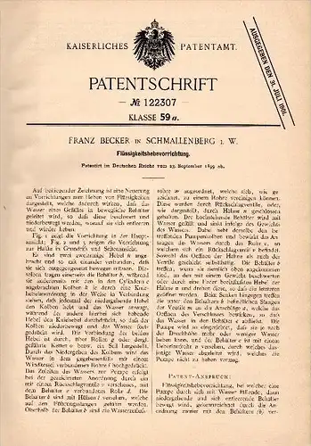 Original Patent - Franz Becker in Schmallenberg i.W., 1899, Flüssigkeitshebevorrichtung  !!!