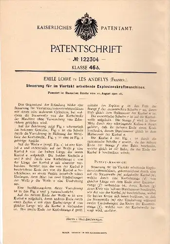 Original Patent - Emile Loire dans Les Andelys , 1900 , Contrôle pour moteurs à quatre temps !!!