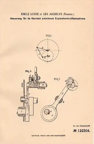 Original Patent - Emile Loire dans Les Andelys , 1900 , Contrôle pour moteurs à quatre temps !!!