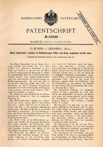 Original Patent -  O. Büsser in Oderberg b. Barnim , 1892 , Motor - Steuerboot , Motorboot , Boot !!!
