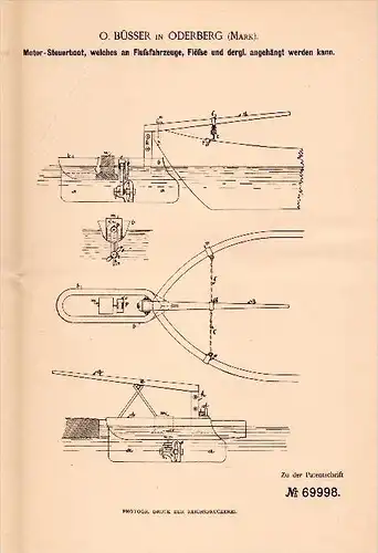 Original Patent -  O. Büsser in Oderberg b. Barnim , 1892 , Motor - Steuerboot , Motorboot , Boot !!!