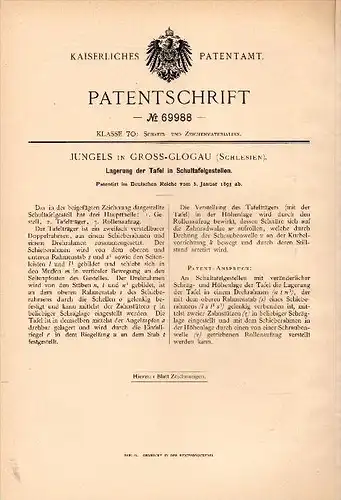 Original Patent - Jungels in Gross - Glogau / Glogow , 1893 , Tafel für Schule , Lagerung !!!