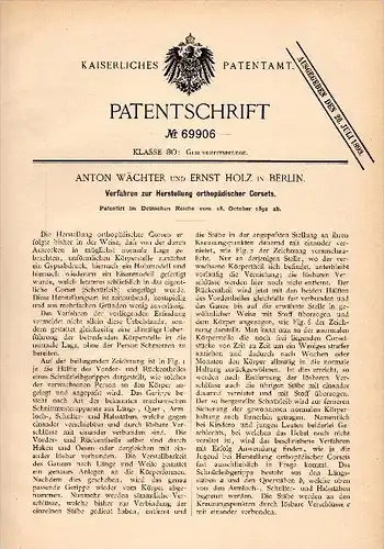 Original Patent - orthopädisches Korsett , corset , corsage  , 1882 , A. Wächter und E. Holz in Berlin , Orthopädie !!!