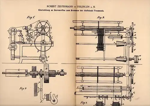 Original Patentschrift - Robert Zestermann in Esslingen a.N. , 1886 , Apparat für Spinnerei , Spinnrad !!!