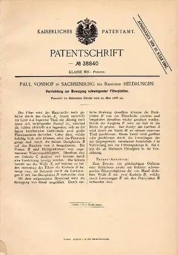 Original Patentschrift - Paul Vonhof in Sachsenburg b. Bahnhof Heldrungen , 1886 , Apparat für Pressen , Maschinenbau !!
