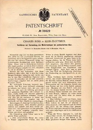 Original Patentschrift - Charles Ross in Klein Flottbek , 1885 , pasteurisiertes Bier , Alkohol , Hamburg !!!