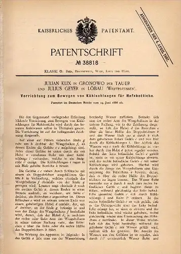 Original Patentschrift -J. Geyer in Löbau / Lubawa ,1886, Apparat für Brauerei , Alkohol , Hefe , Bier , Gronowo / Tauer