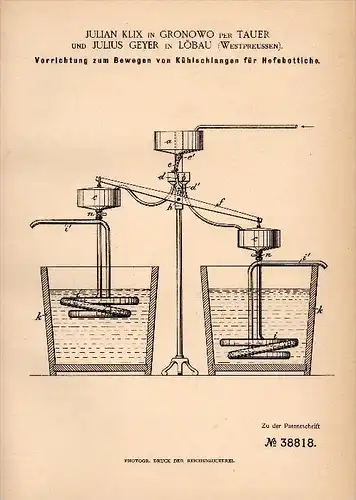 Original Patentschrift -J. Geyer in Löbau / Lubawa ,1886, Apparat für Brauerei , Alkohol , Hefe , Bier , Gronowo / Tauer