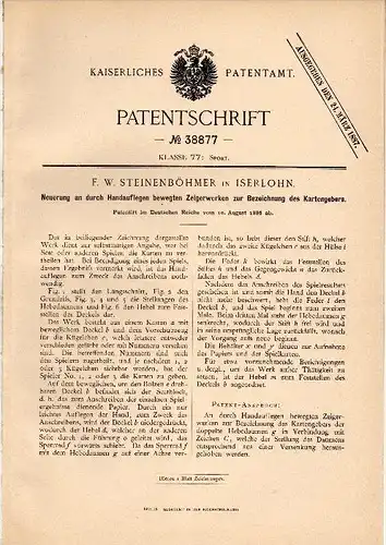 Original Patentschrift - F.W. Steinenböhmer in Iserlohn ,1886, Zeigerwerk für Kartengeber , Skat , Spielkarten , Karten