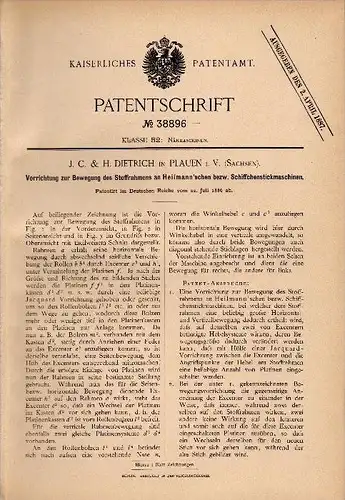 Original Patentschrift - J.C. & H. Dietrich in Plauen i.V. , 1886 , Apparat für Stickmaschine , Stickerei , Sticken !!!