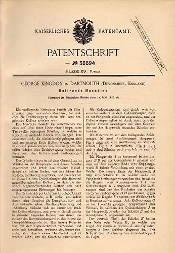 Original Patentschrift - George Kingdon in Dartmouth , Devonshire , 1886 , rotating machine , pump , Devon !!!