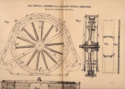 Original Patentschrift - Emil Steffan in Ensheim b. Wörrstadt ,1886, Rad mit endloser Schiene , E. Peters in Remscheid !