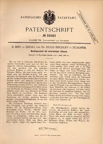 Original Patentschrift -Dr. Hugo Bischoff in Dürkheim ,1886, mehrteiliges Mantelgeschoß, Patrone , Munition , Infanterie