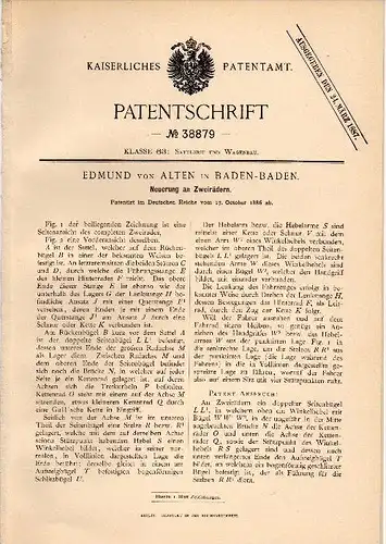 Original Patentschrift - Edmund von Alten in Baden - Baden , 1886 , Fahrrad , Hochrad , bicycle !!!