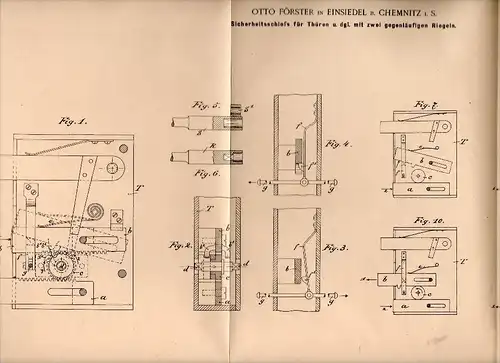 Original Patentschrift - Otto Förster in Einsiedel b. Chemnitz i.S., 1901 , Sicherheitsschloß , Schlüsseldienst , Türen