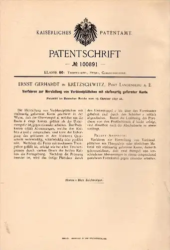 Original Patentschrift - Ernst Gerhardt in Cretzschwitz , Post Langenberg a. E. , 1897 , Verblendplättchen , Thon , Gera