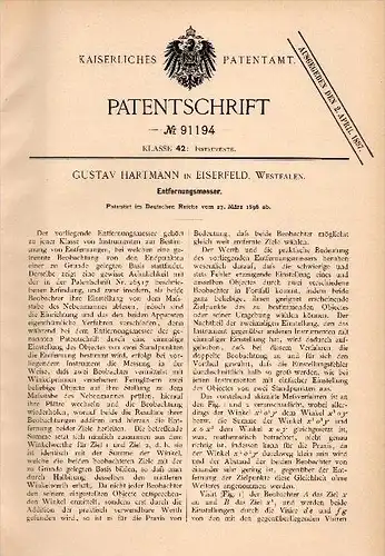 Original Patentschrift - Gustav Hartmann in Eiserfeld b. Siegen , 1896 , Entfernungsmesser , Meßinstrument !!!