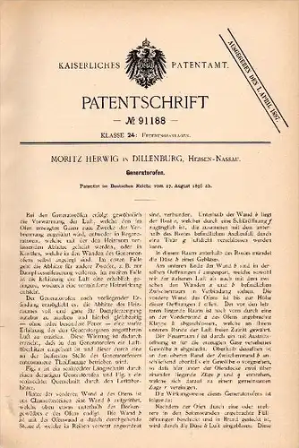 Original Patentschrift - Moritz Herwig in Dillenburg b. Gießen , 1896 , Generatorofen , Feuerung , Heizung , Heizungsbau