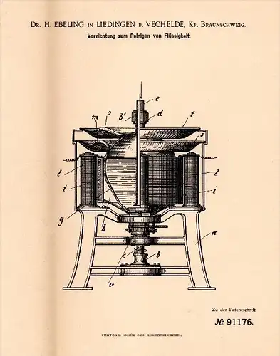 Original Patentschrift - Dr. H. Ebeling in Liedingen b. Vechelde , 1895 , Wasser - Reinigungsapparat, Wasserwerk , Peine