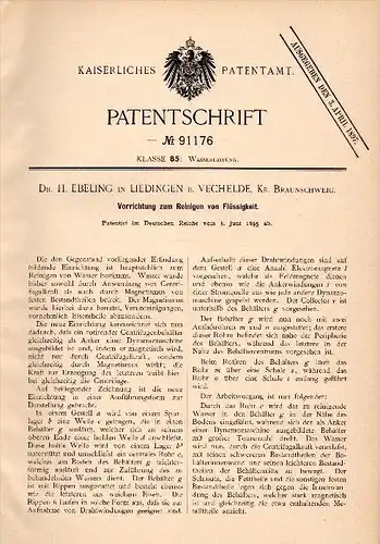 Original Patentschrift - Dr. H. Ebeling in Liedingen b. Vechelde , 1895 , Wasser - Reinigungsapparat, Wasserwerk , Peine