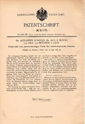 Original Patentschrift -  Dr. Alexander le Royer , Dr. A. Bonna und Paul von Berchem in Genf , 1896 , Elektrode für Arzt