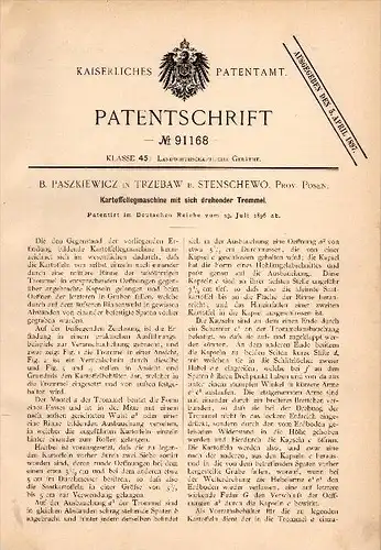 Original Patentschrift - B. Paszkiewicz in Trzebaw b. Polanów / Pollnow , 1896 , Kartoffel - Legemaschine , Stenschewo !