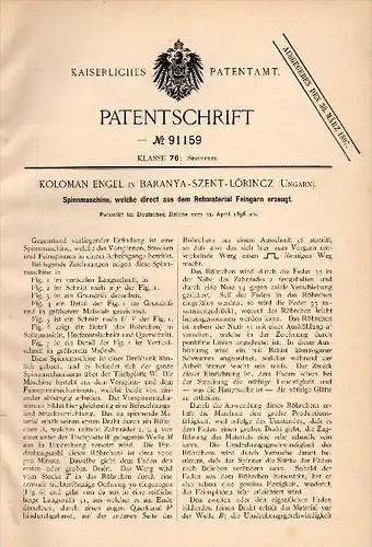 Original Patentschrift - Koloman Engel in Szentlörinc / Baranya , 1896 , Spinnmaschine für Feingarn , Spinnerei !!!