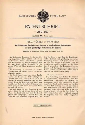 Original Patentschrift - Ferd. Müssen in Warstein b. Soest , 1896 , Vorrichtung für Cigarrenkisten , Cigarre , Tabak !!!