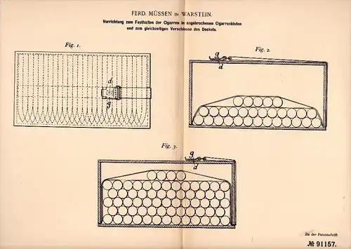 Original Patentschrift - Ferd. Müssen in Warstein b. Soest , 1896 , Vorrichtung für Cigarrenkisten , Cigarre , Tabak !!!