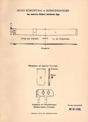 Original Patentschrift - Hugo Kühlenthal in Donaueschingen ,1896 , Säge aus mehreren Blättern , Sägewerk , Tischlerei !!