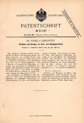 Original Patentschrift -  Dr. Focke in Eidelstedt b. Hamburg , 1896 , Reinigung von Eisen und Stahl , Metallbau !!!