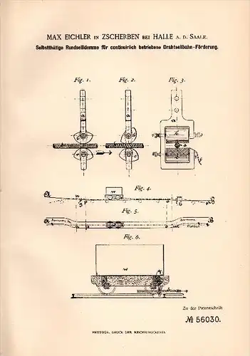 Original Patentschrift - Max Eichler in Zscherben b. Teutschenthal , 1890 ,  Rundseilklemme für Drahtseilbahn , Seilbahn