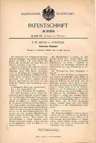 Original Patentschrift - F.W. Mrose in Coesfeld , 1894 , Sicherheits - Steigbügel , Pferd , Pferde !!!