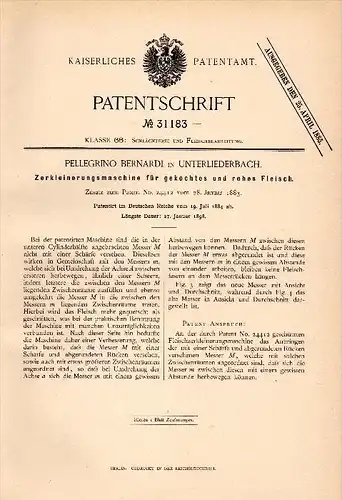 Original Patentschrift - P. Bernardi in Unterliederbach b. Frankfurt , 1884 , Zerkleinerungsmaschine für rohes Fleisch !