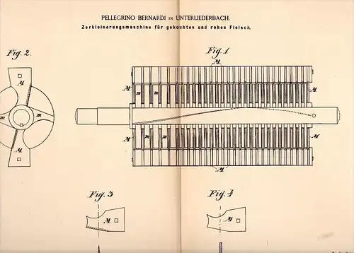 Original Patentschrift - P. Bernardi in Unterliederbach b. Frankfurt , 1884 , Zerkleinerungsmaschine für rohes Fleisch !