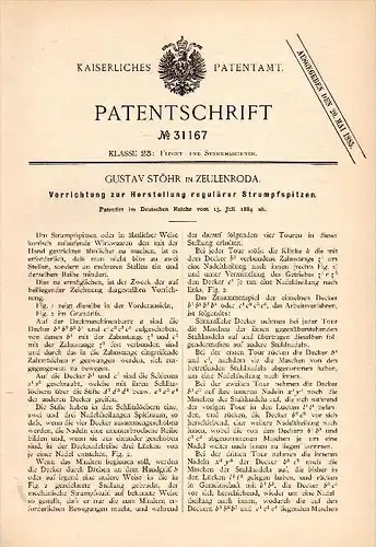 Original Patentschrift - Gustav Stöhr in Zeulenroda , 1884 , Apparat für Strumpfspitzen , Strickerei , Flechterei !!!
