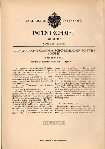 Original Patentschrift - G.A. Cannot in Torfwerke Schönighsdorf / Twist , 1894, Spinnkrempel , Spinnerei , Meppen , Torf