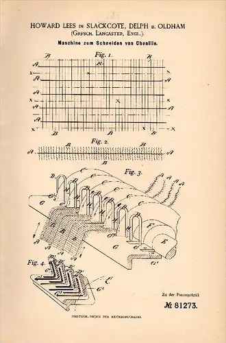 Original Patentschrift - H. Lees in Slackcote , Delph b. Oldham , 1894 , Machine for cutting chenille, weaving !!!