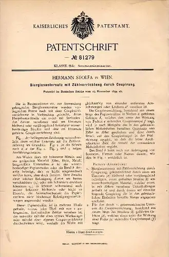 Original Patentschrift - Hermann Stolfa in Wien , 1884 , Bierglasuntersatz mit Zählvorrichtung , Kneipe , Bar , Bier !!!