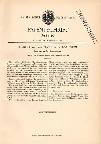 Original Patentschrift - Robert von zur Gathen in Solingen ,1884 , Korkenzieher - Messer , Taschenmesser !!!