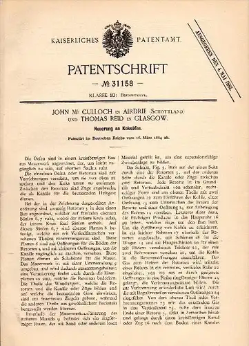 Original Patentschrift - J. Mc Culloch in Airdie , Scotland , 1884 , Innovation in coke oven , Th. Reid in Glasgow !!!