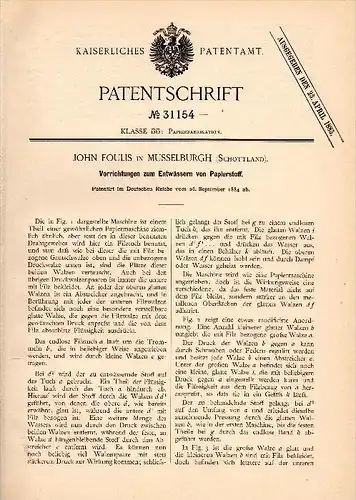 Original Patentschrift - John Foulis in Musselburgh , 1884 , Apparatus for dewatering paper , Scotland !!!