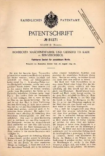 Original Patentschrift - Th. Kade in Bergeborbeck b. Essen , 1894 , Gestell für Herde für Bäckerei , Bäcker !!!