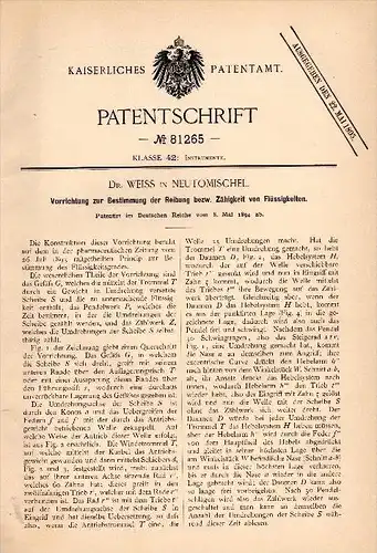 Original Patentschrift - Dr. Weiss in Neutomischel / Nowy Tomy&#347;l , 1894 , Reibungsbestimmung von Flüssigkeiten !!!