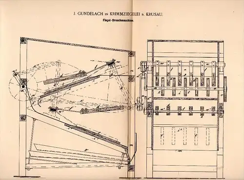 Original Patentschrift -J. Gundelach in Krimmziegelei b. Krusau / Krusa ,1898, Flegel - Dreschmaschine , Agar , Aabenraa
