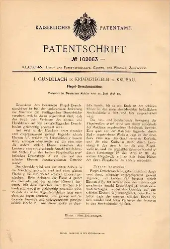 Original Patentschrift -J. Gundelach in Krimmziegelei b. Krusau / Krusa ,1898, Flegel - Dreschmaschine , Agar , Aabenraa