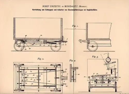 Original Patentschrift - Josef Unzeitig in Bohdalitz / Bohdalice - Pavlovice , 1898 , Apparat für Eisenbahn , Bucovice