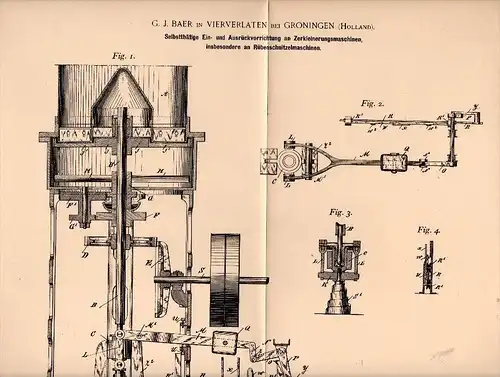 Original Patentschrift - G.J. Baer in Vierverlaten / Hoogkerk , 1898 , Apparat für Rübenschnitzelmaschine , Zuckerfabrik